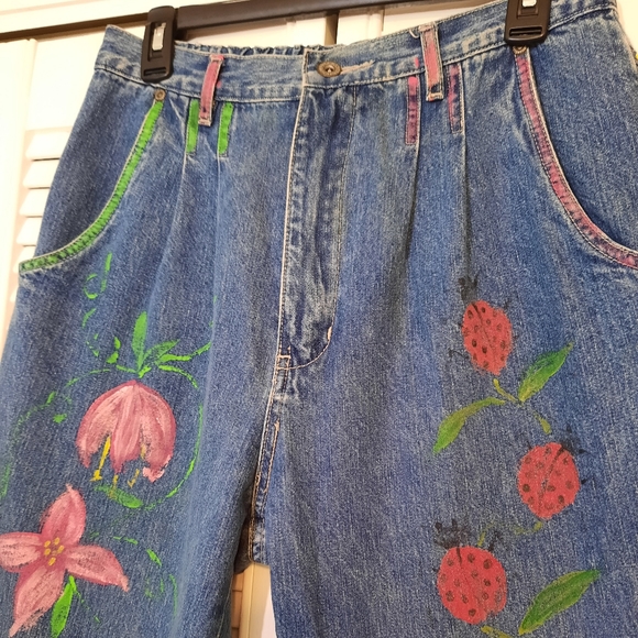 RARE VTG 1980's cotton hi waist pleated boho painted ladybug flor jeans sz 8P *V - Picture 6 of 8